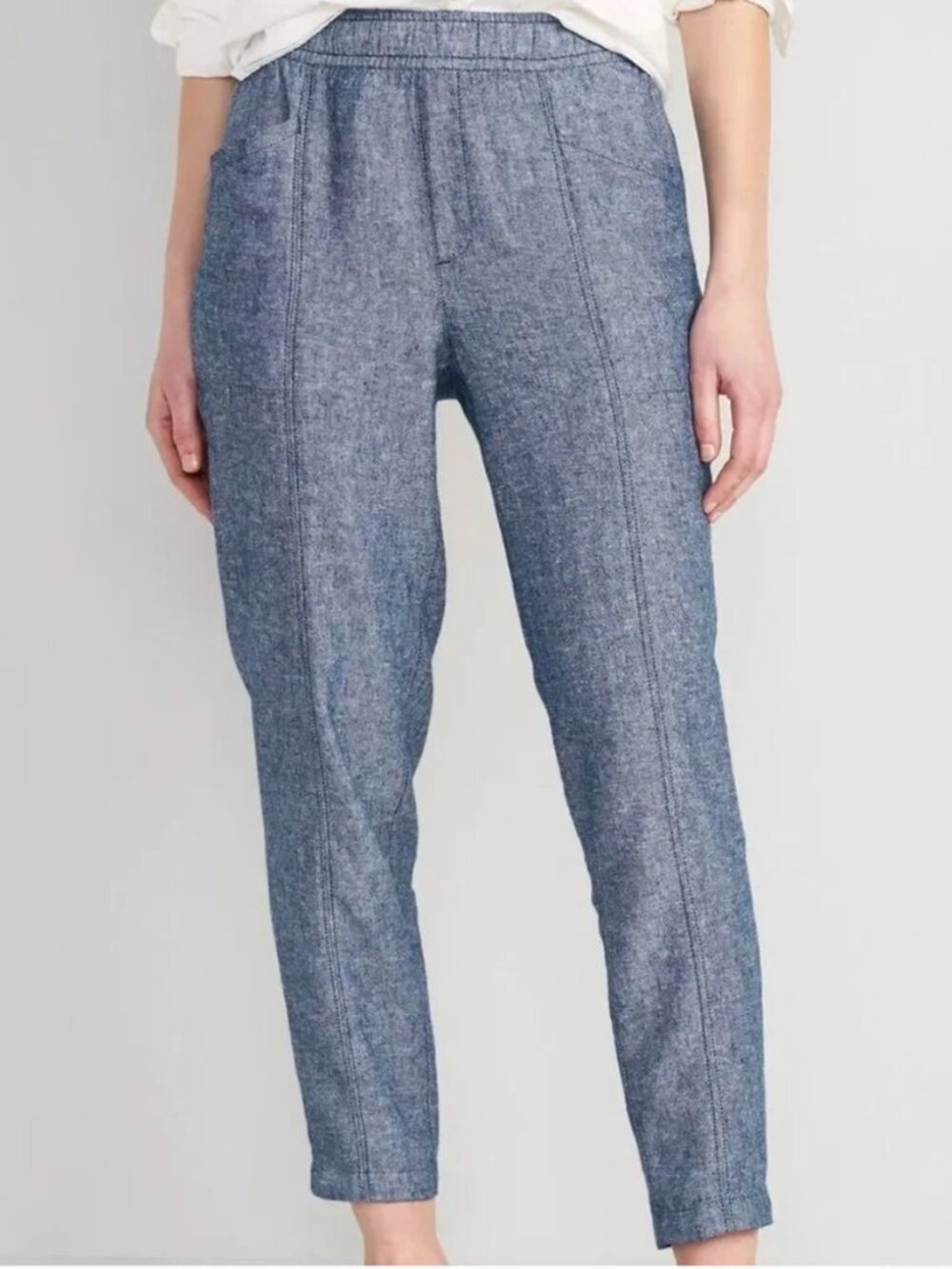 NWT/STILL WRAPPED: High-Waisted Chambray Cropped Linen-Blend Tapered Pants